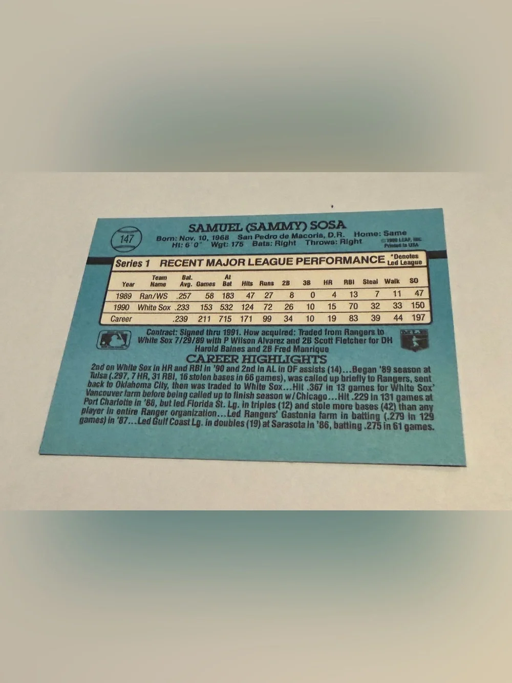 Sammy Sosa 1990 Double Error Donruss Baseball Card  Vintage